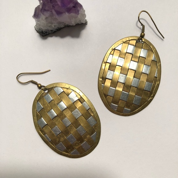 Retro brass & silver woven earrings - Picture 1 of 2